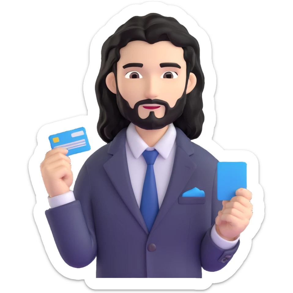 Business strategist with black wavy hair, stubble, chiseled face, wearing blazer and button-up shirt, engaged in conversation at a networking event, holding business card, surrounded by other professionals, social business setting sticker