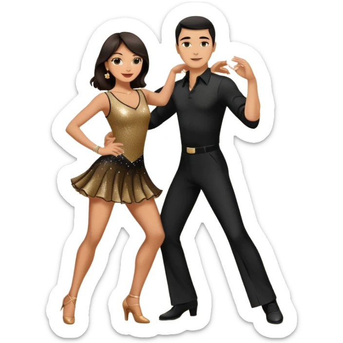 Photorealistic dancesport professional latin couple dancing the cha cha cha at the competition dancefloor, the women is in skinny short sparkly dress, the man is in black shirt and black classic pants, the women has brown long hair, the man has short black hair  sticker
