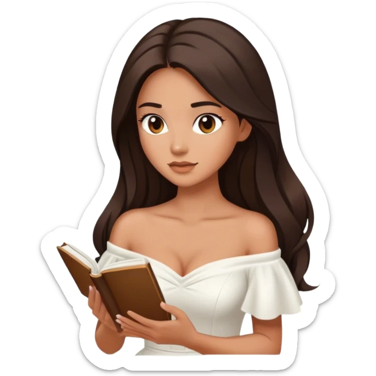 Beautiful woman in 1950’s woman fashion look, off-shoulder white dress, long dark brown hair, reading  sticker