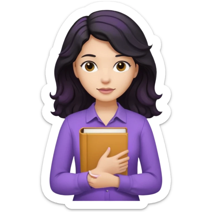 Long Hair Women, with Black dark wavy hair, with purple Book, beige shir, without background sticker