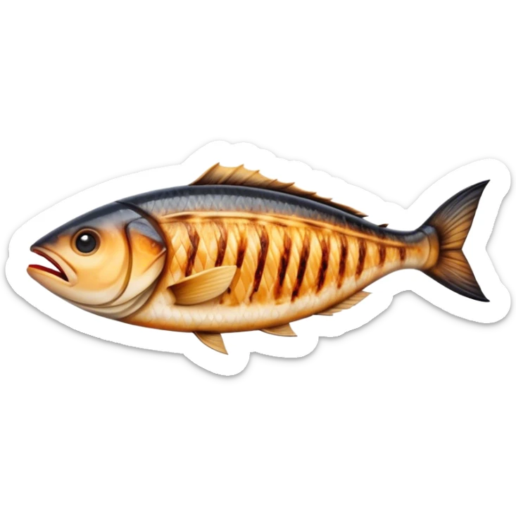 Cinematic Realistic Gradele (Grilled Fish) Dish Emoji, depicted as perfectly grilled fish with a smoky, charred finish rendered with lifelike detail and appetizing, natural lighting. sticker