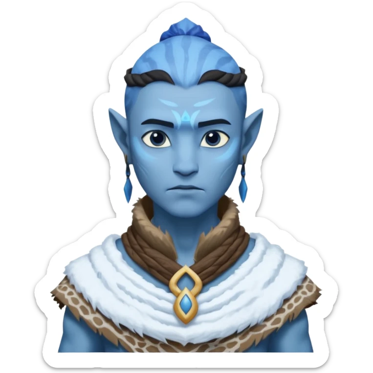 a Avatar blue skin wearing ancient animal skin cloth with snow, half body, icon sticker
