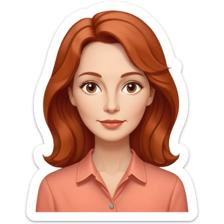Middle-aged woman with elongated face, gentle structure, prominent cheekbones, warm expression, medium almond dark eyes, softly arched eyebrows, straight slender nose, friendly defined lips, reddish wavy hair with volume, wearing a coral-colored artistic-cut comfortable shirt sticker