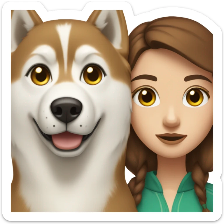 White Woman hair brown and bleus eyes and golden Husky With green eyes sticker