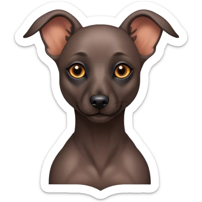 Cinematic Noble Xoloitzcuintle dog Portrait Emoji, Poised and regal, with a sleek, muscular build and smooth, hairless ebony skin accented by subtle wrinkles, deep-set soulful dark eyes, Simplified yet sharp and sophisticated features, highly detailed, glowing with a soft, dignified glow, high shine, intelligent and loyal, stylized with an air of ancient grace, focused and attentive, soft glowing outline, capturing the essence of a watchful and confident guardian, so majestic it feels as though it could stride out of the screen with effortless authority! sticker