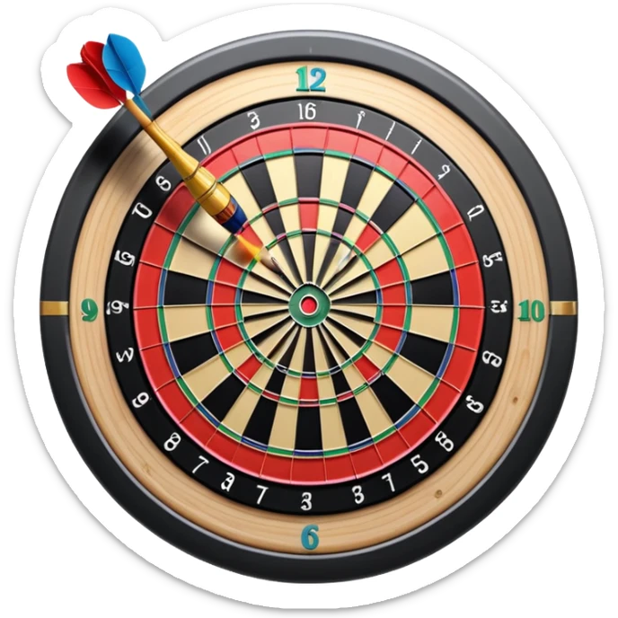A dartboard with darts firmly stuck in the bullseye, surrounded by the colorful sections of the target. The background conveys a competitive atmosphere, with a subtle focus on precision and skill in the game of darts. sticker