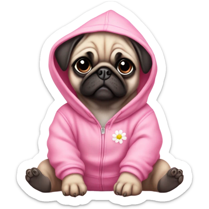 Cute Baby Pug with pink eyes wearing a pink hoodie sitting in daisy's  sticker