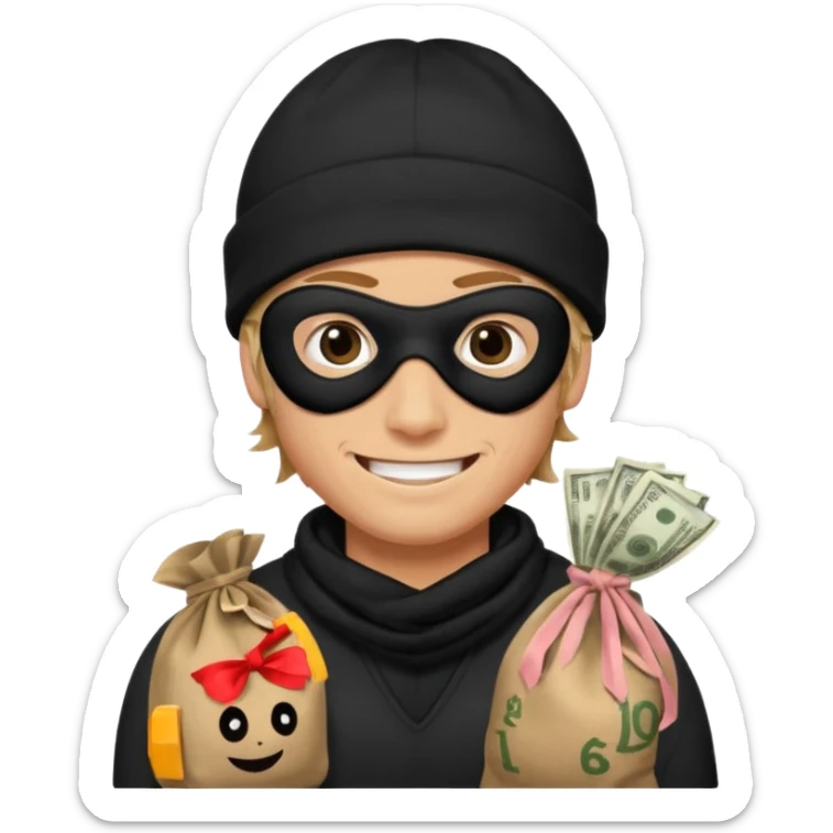 smiley robber wears black eye mask and black beanies with money bag beside him sticker