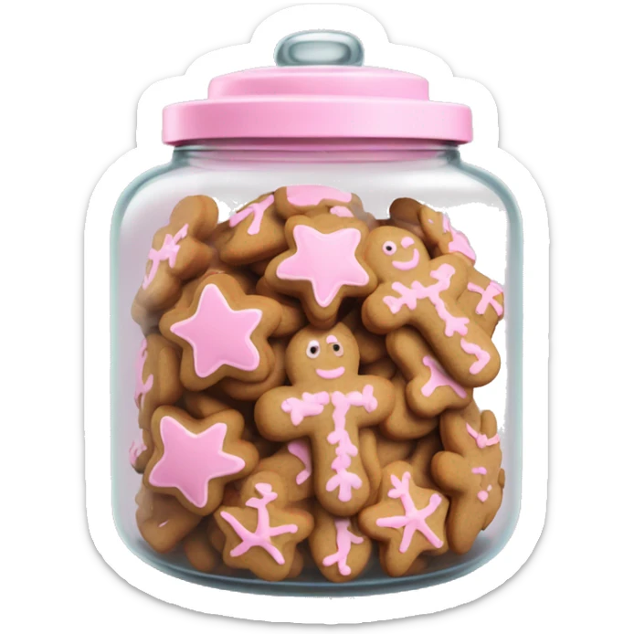 Realistic glass cookie jar with light pink lid full of gingerbread cookies isolated.  sticker