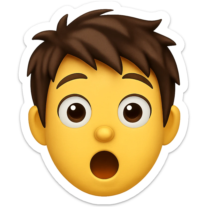 emoji face of a young person with short tousled brown hair, light skin, surprised expression sticker