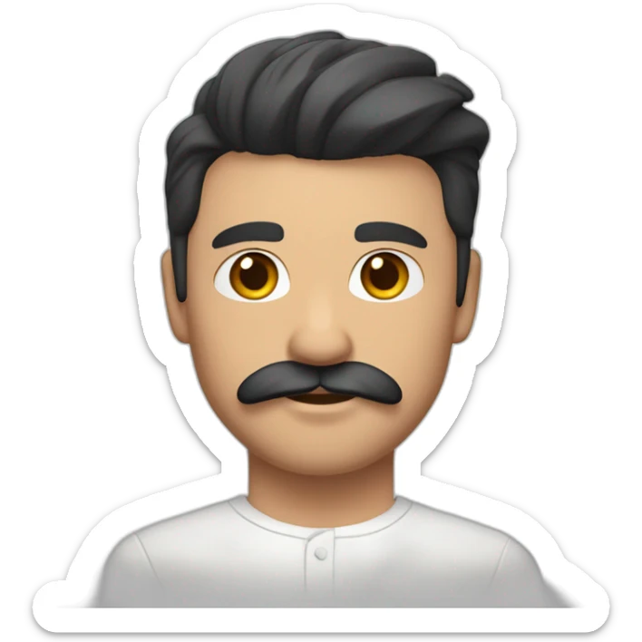 close up of white skin indian in plain white shirt with sleeve up and quiff black hair style, light beard and mustach sticker
