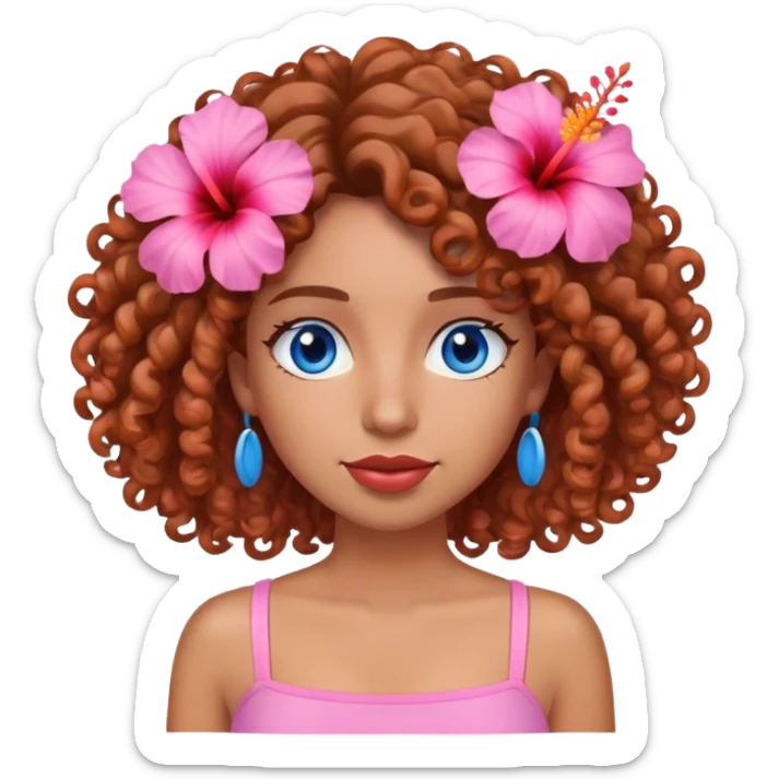 Emoji person with brown curly hair and blue eyes, wearing a light pink tube top with a orange and pink hibiscus in her hair sticker