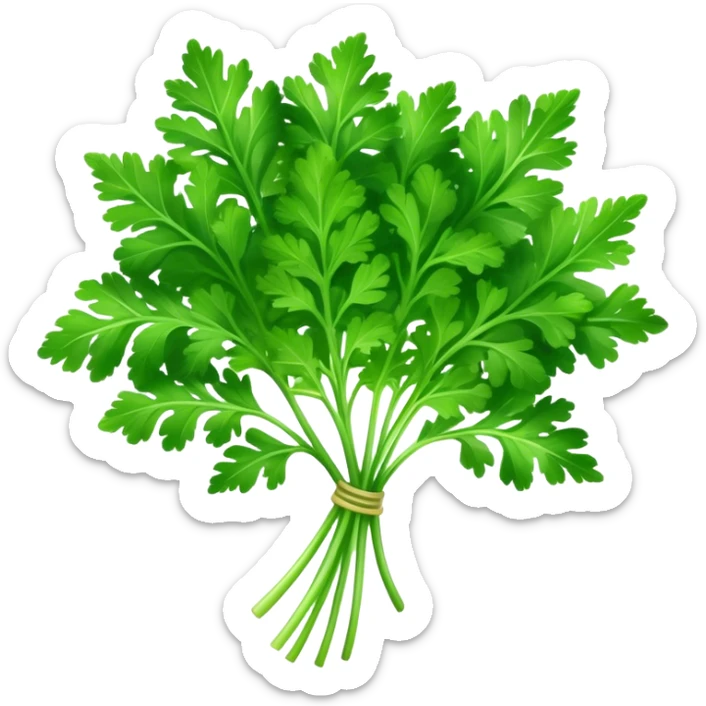 Cinematic Realistic Parsley Emoji, Fresh and vibrant, with bright green, frilly leaves that seem to shimmer with vitality. The plant exudes a sense of healthy growth and aromatic zest, inviting both beauty and flavor into any dish. Soft glowing outline, capturing the essence of freshness, health, and culinary delight in a sprig of parsley! sticker