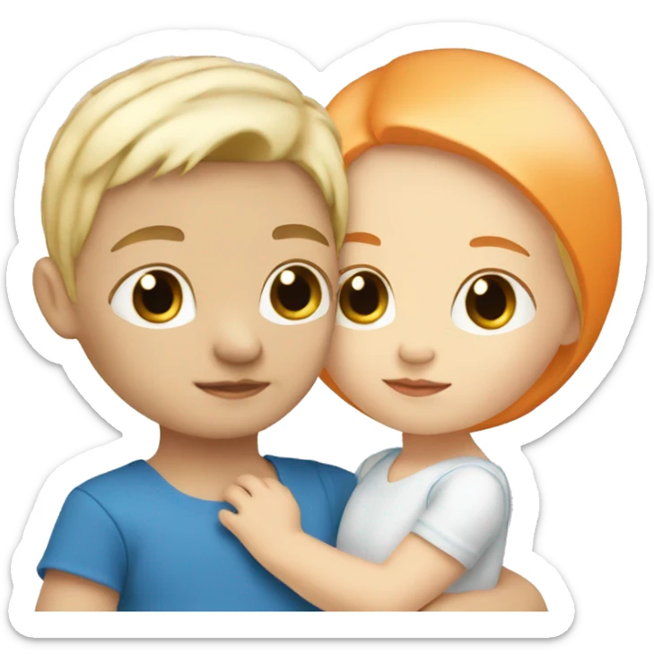 White orange hair girl wearing blue holding white blonde baby boy sticker