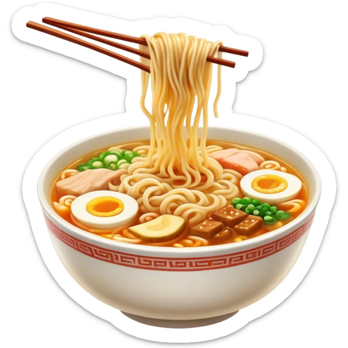Cinematic Realistic Ramen Dish Emoji, showcasing a steaming bowl of rich broth with noodles and toppings rendered with dynamic textures and inviting, warm lighting. sticker