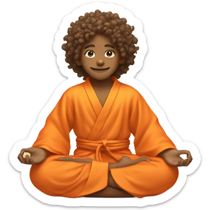 happy kid in an orange spiritual robe, curly hair, meditating in lotus position sticker