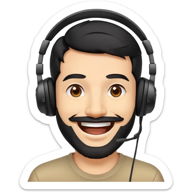 laughing man with black hair, brown eyes, black beard wearing gaming headset sticker