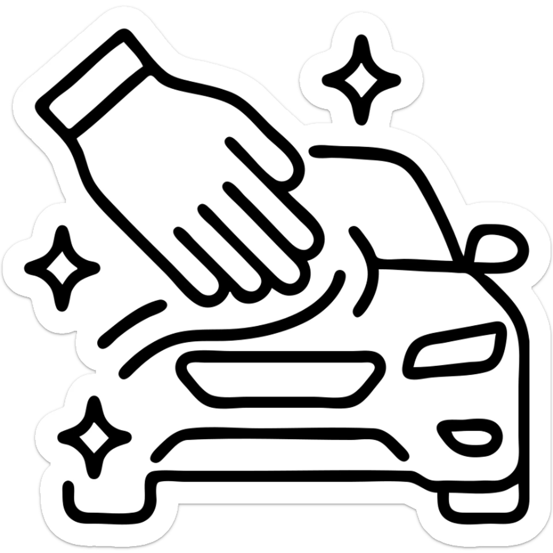 outlined icon of a gloved hand wearing a black glove on the hood of a luxury car, drops or sparkles, black as main color, white or silver accents, soft motion lines for cleaning, minimal and modern sticker