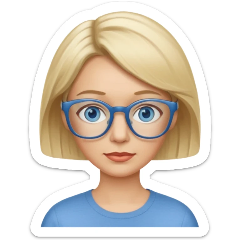 white woman about 50 blonde bobbed hair blue eyes glasses sticker