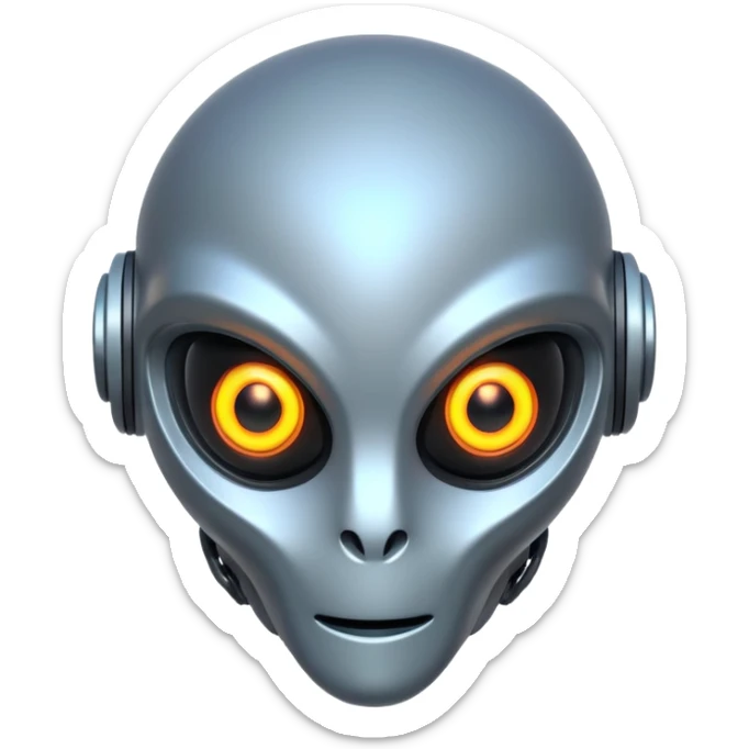 robotic alien character, metal body parts, glowing eyes, futuristic alien design, sci-fi vibe, 3D cartoon, mobile game icon style, clean background, no text, no watermark
 sticker