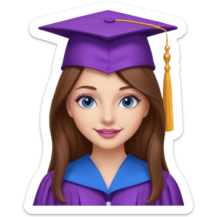 girl with gorgeous long brown hair, blue eyes, long lashes makeup, sexy pink lips, wearing a purple graduation cap and gown sticker