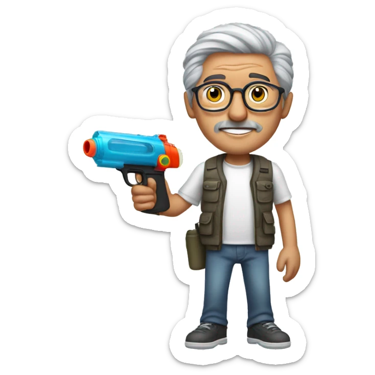 Turkish man with grey hair and glasses and white t-shirt pointing a water gun with one arm while standing sticker