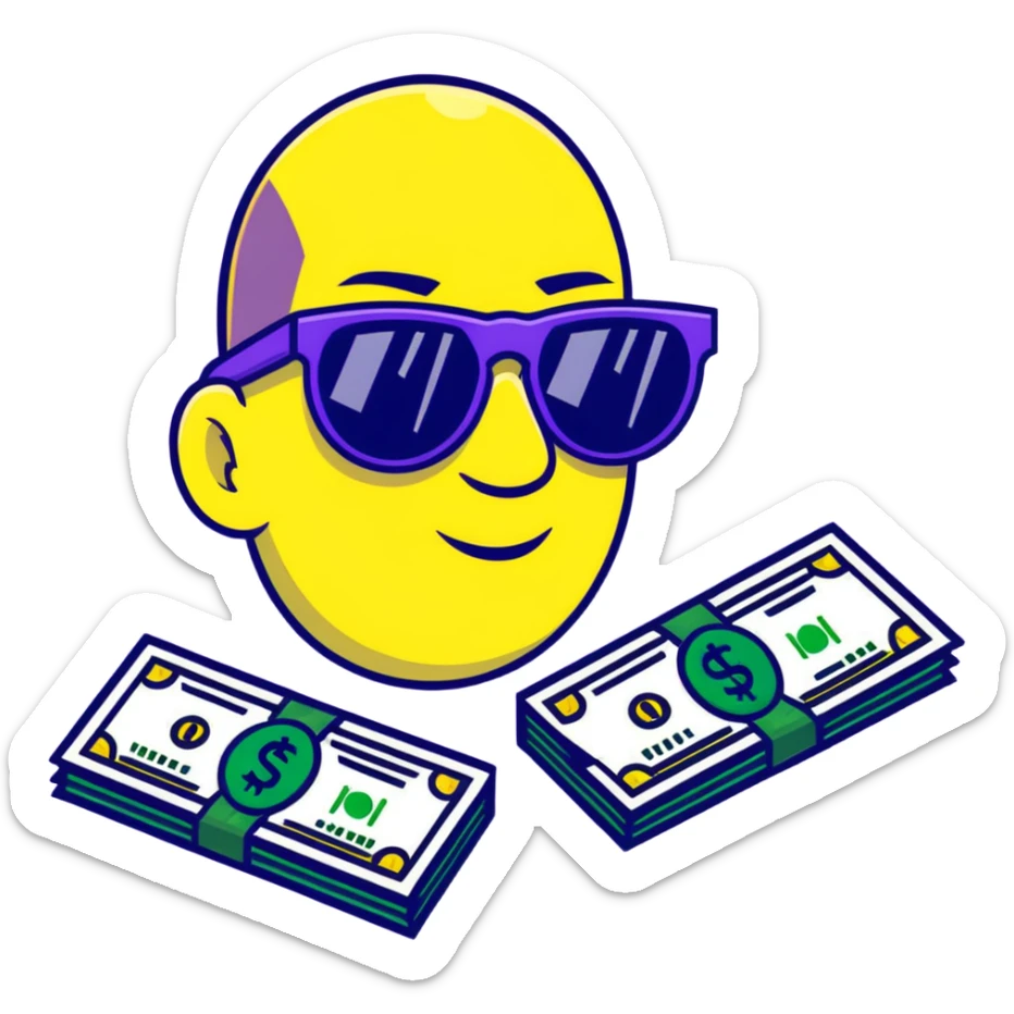 yellow face with green money signs for eyes, wearing slightly transparent black sunglasses, money symbols on face sticker