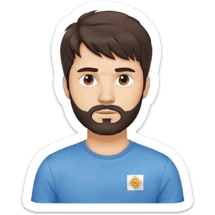 Argentine male with longer wavy dark brown hair reaching shoulders, wavy bangs, short complete beard, serious neutral face, wearing plain blue t-shirt sticker