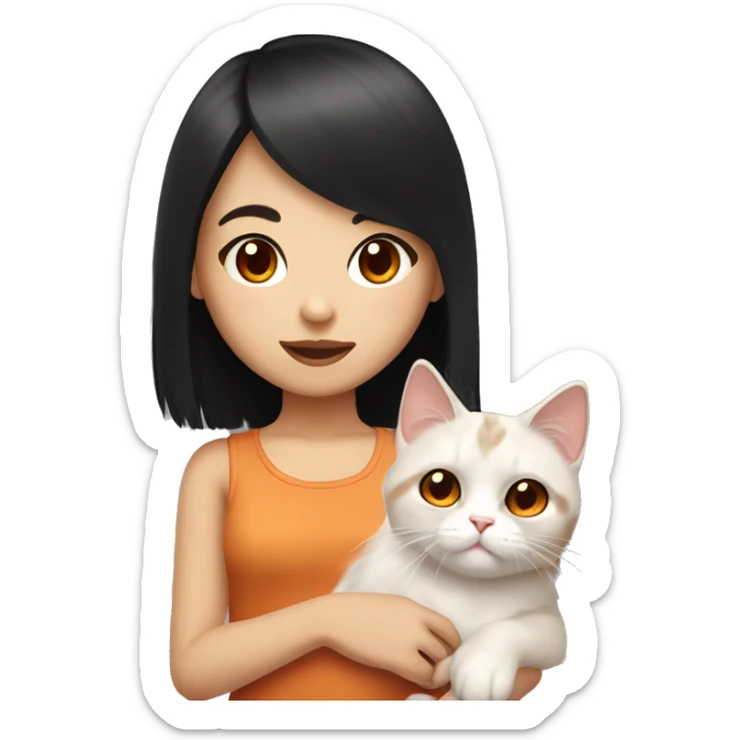 asian black hair girl with brown eyes with flame point ragdoll cat  sticker