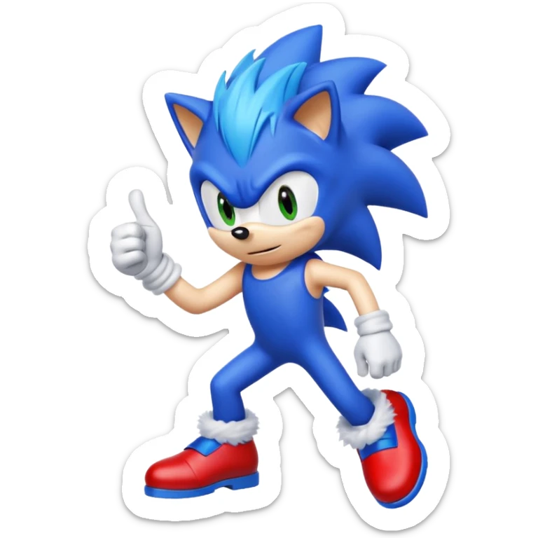 Sonic the Hedgehog giving a thumbs up, blue spiky hair, white gloves, red shoes sticker