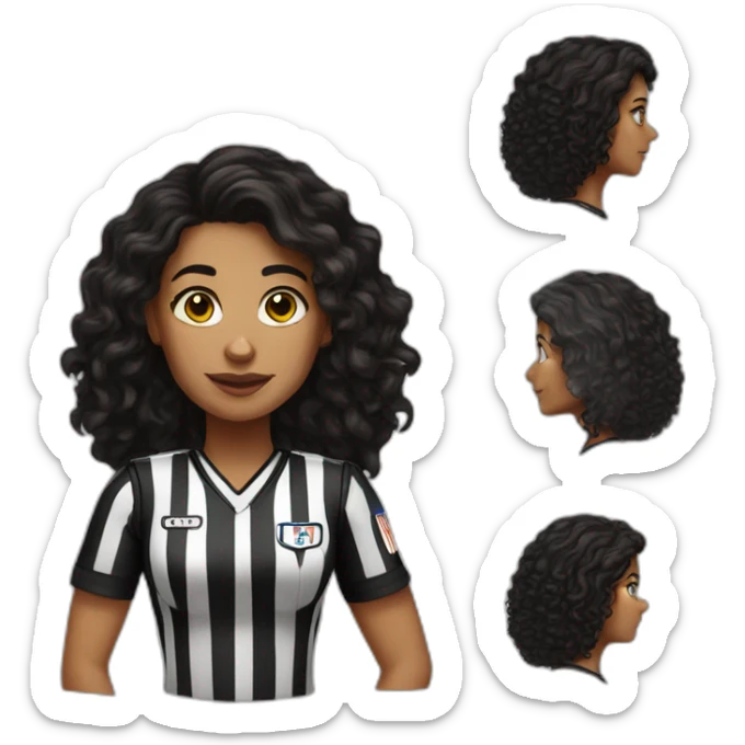 female basketball referee with dark brown long curly hair and dark eyes sticker