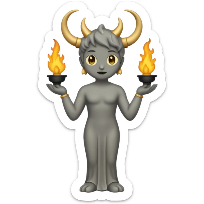 Minimalist emoji-style sticker of a full-body Oscar-like statue in matte gray-gold, with small horns  and faint flames at the base, all in black and muted hues sticker