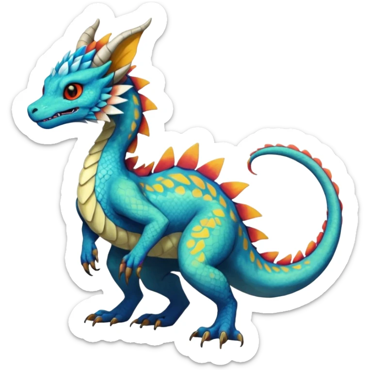 Beautiful pretty cool edgy elegant realistic Feral Rare Fantasy colorful vibrant Vernid-Trico-Haku-dragon-species-Fakemon-creature by LiLaiRa, random markings, tufted tail, tufted ears, full body sticker