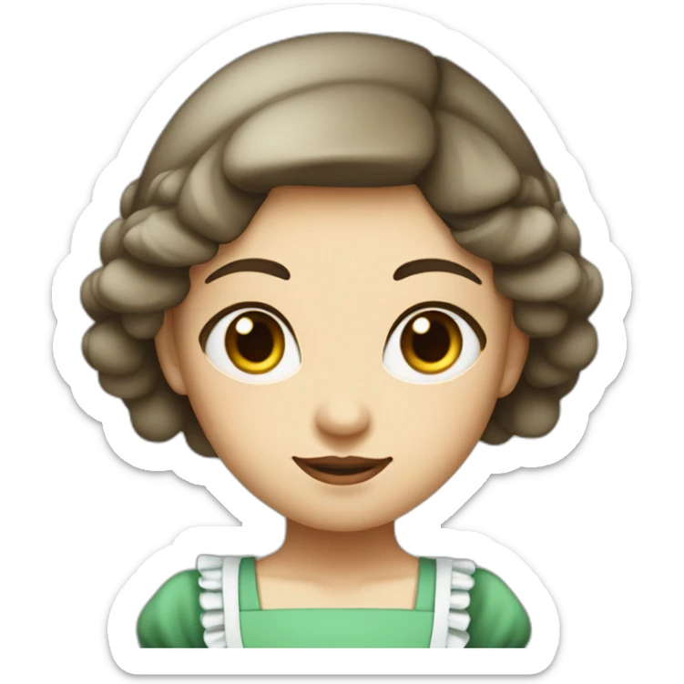 Maid with white skin, brown eyes and hair and an m shaped bang on her head with green headdress sticker