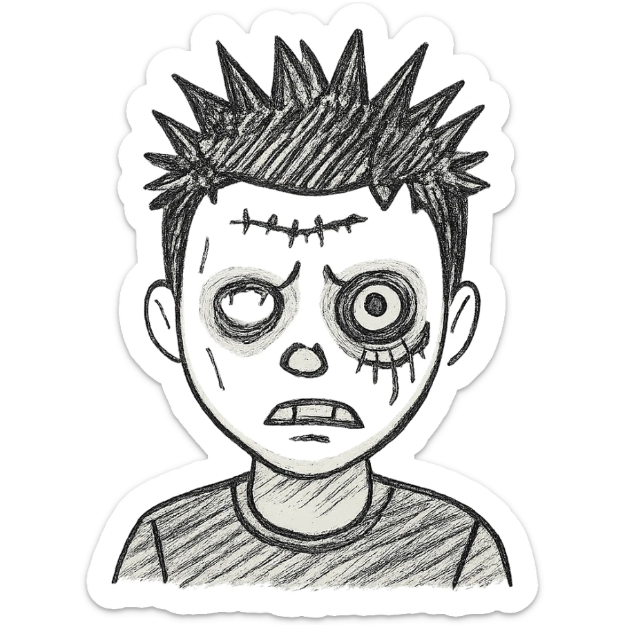 Add more zombie details such as greenish skin, visible stitches, and a scar. Keep the spiky black emo hair and black shirt. No background. sticker