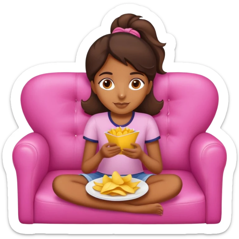 home brown girl with plate of chips, sitting at the pink sofa sticker