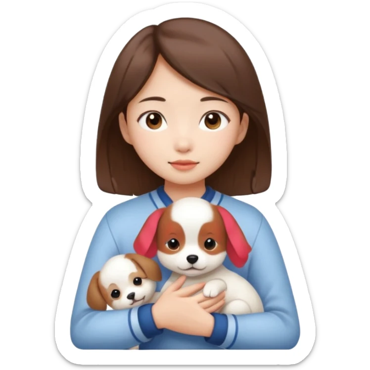 a asian japanese girl with brown hair and no bangs. she is holding a cute white puppy sticker