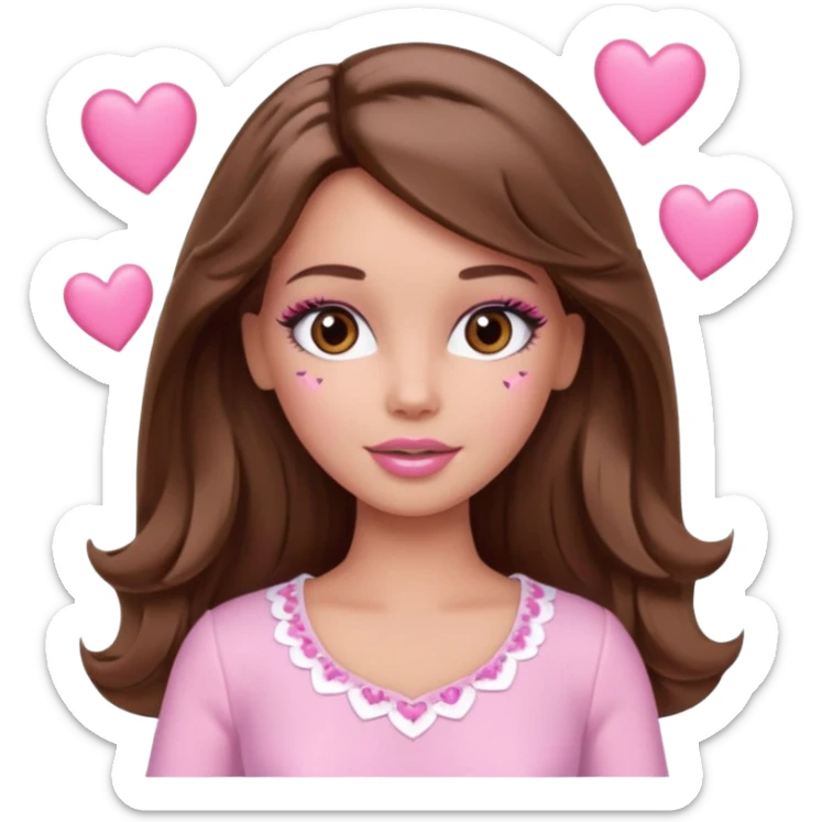 Barbie girl and  makeup , brown straight wavy hair and brown eyes is In pale pink clothes There are pink hearts all around sticker