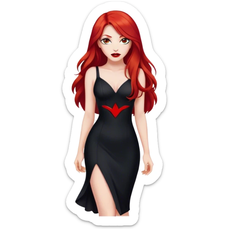 a pretty woman with long red hair and red eyes. The woman wear a black little cutted dress. She have red lipstick and she have a seductive look. She was barefoot sticker