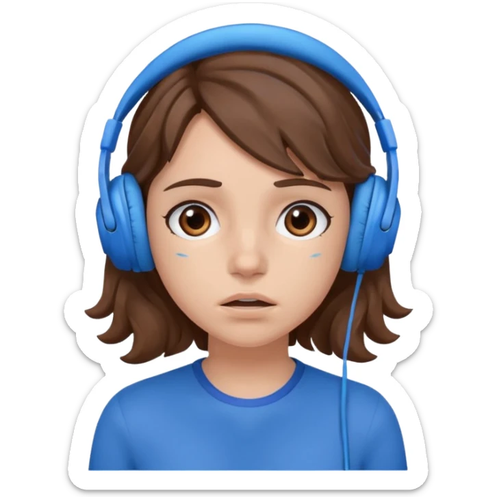 An upset girl with wavy hair listening to music with blue headphones sticker