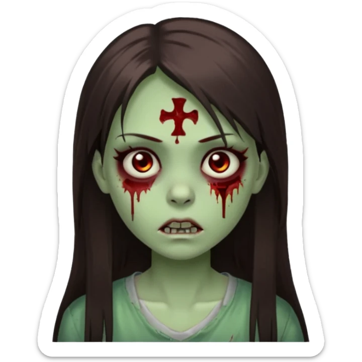 girl zombie with green pale skin with long dark brown straight hair with side bangs light brown eyes blood under eyes and brui sticker
