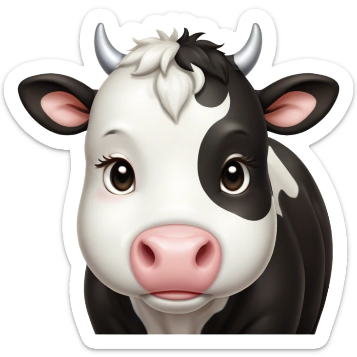 Cinematic Cute Black and White Cow Portrait Emoji, Head tilted playfully and inquisitively, featuring a glossy, contrasting coat of black and white, round, sparkling brown eyes filled with gentle curiosity, Simplified yet irresistibly adorable features, highly detailed, glowing with a warm, friendly glow, high shine, affectionate and serene, stylized with a touch of contemporary charm, bright and endearing, soft glowing outline, capturing the essence of a mischievous yet loving cow, so playful it feels like it could moo out of the screen and into your arms! sticker