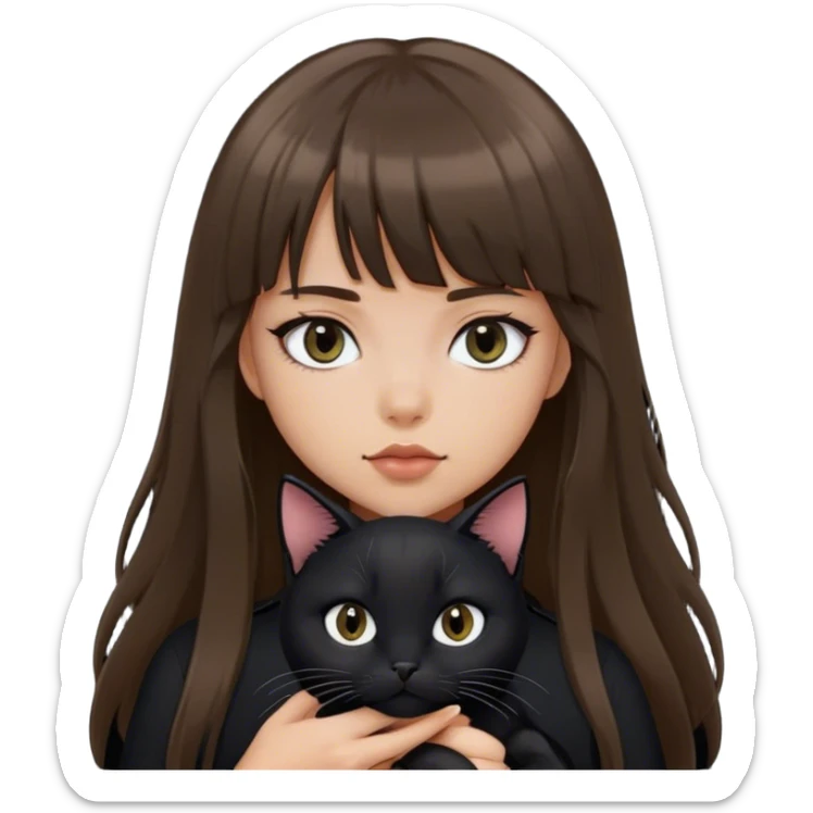 girl with long hair with Bangs, loves black cat, siren eyes cool but look humble, black clothes  sticker
