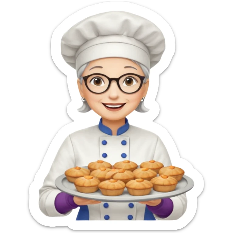 Older female pastry chef – round glasses, oven mitts on, holding a tray of pastries.

 sticker