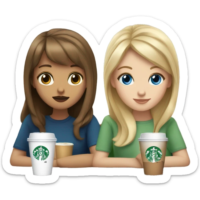 Blonde girl with Blue eyes  and brown haired girl with bangs and hazel  eyes, drinking Starbucks  sticker