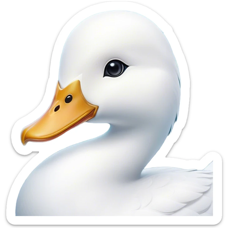 Cinematic Noble White Duck Portrait Emoji, Poised and regal, with a sleek, streamlined build and a pristine, well-groomed pure white plumage, deep-set soulful bright eyes, Simplified yet sharp and sophisticated features, highly detailed, glowing with a soft, dignified glow, high shine, intelligent and graceful, stylized with an air of aquatic elegance, focused and attentive, soft glowing outline, capturing the essence of a watchful and confident waterfowl, so majestic it feels as though it could glide out of the screen with effortless authority! sticker