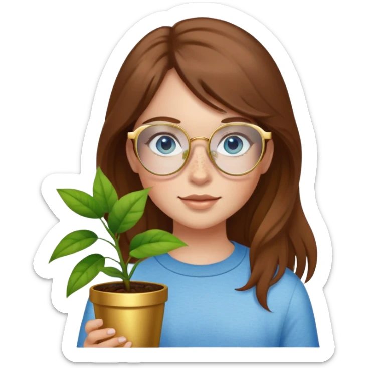 Girl with light skin, brown hair, blue eyes, freckles, and gold glasses holding plant sticker