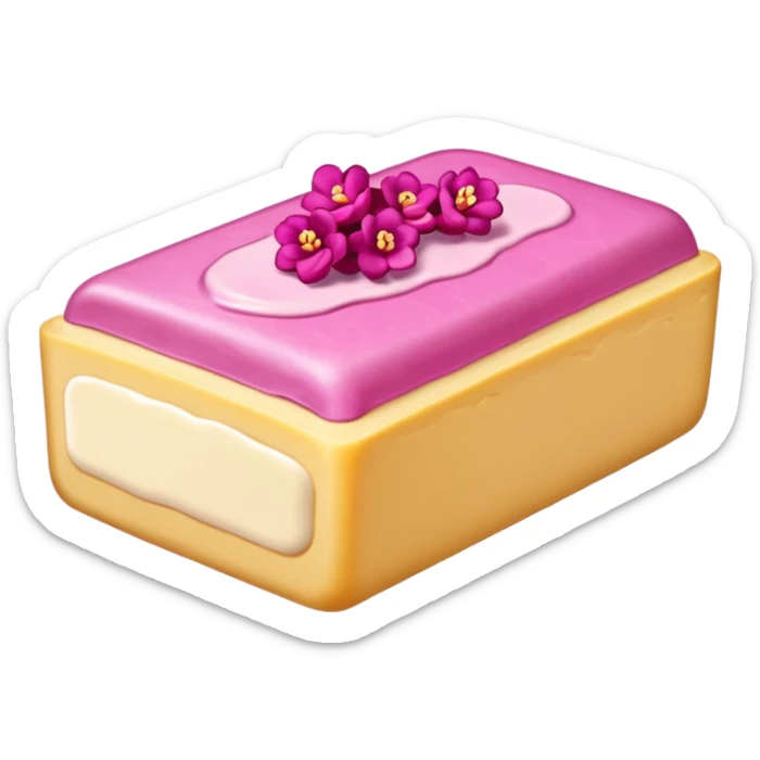 Un primer plano fotorrealista de una barra de mantequilla corporal sólida con un grabado botánico sutil. El color de la barra es rosa suave. Colores: rosa, crema y magenta. Iluminación de estudio. Estilo: producto sólido, limpio. sticker