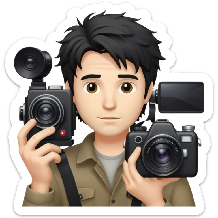 a white man with black messy hair holding a foto camera sticker