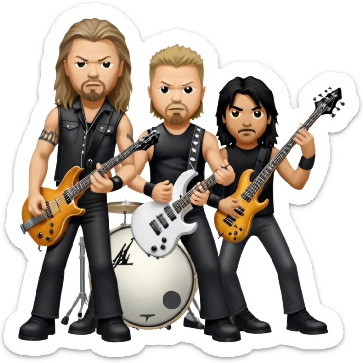 Icon for Metal Music: Metallica band four members detailed in their signature look. James Hetfield with guitar, Lars Ulrich on drums, Kirk Hammett with his electric guitar, and Robert Trujillo playing bass. Bold, energetic style, all in a heavy metal aesthetic. Transparent background. sticker